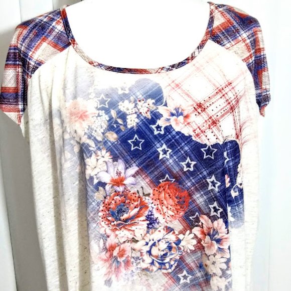 TEE*SLEEVELESS SHIRT*ENERGE BRAND*WOMEN XL*PLAID, STAR & FLORAL DETAILS. - Picture 2 of 8